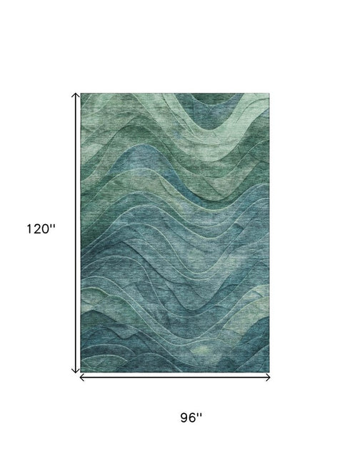 8' X 10' Teal And Green Abstract Washable Area Rug With UV Protection
