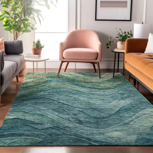 8' X 10' Teal And Green Abstract Washable Area Rug With UV Protection