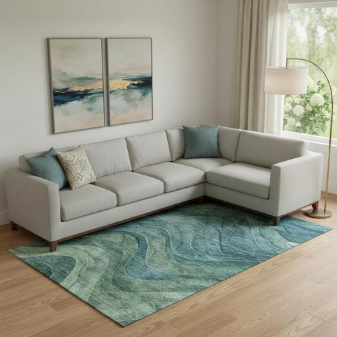 9' X 12' Teal And Green Abstract Washable Area Rug With UV Protection