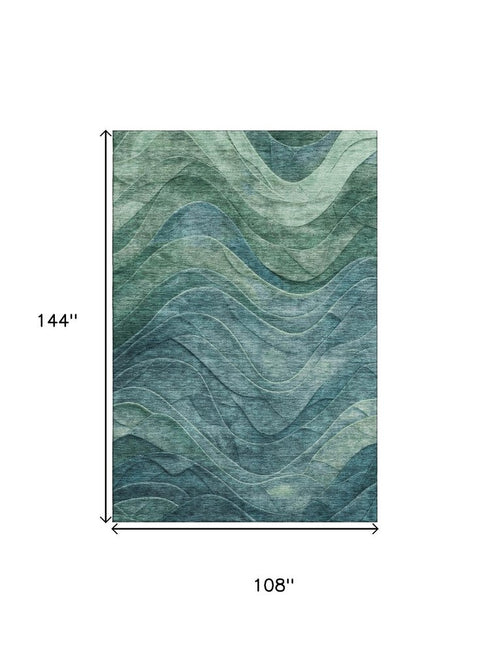 9' X 12' Teal And Green Abstract Washable Area Rug With UV Protection