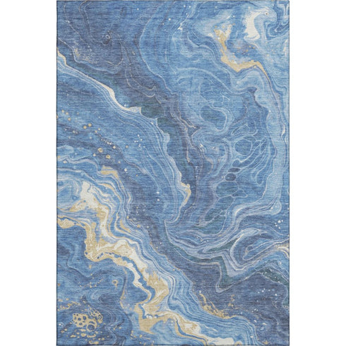 5' X 8' Blue Gold And Ivory Abstract Washable Area Rug With UV Protection