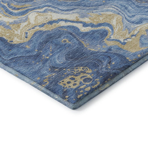 5' X 8' Blue Gold And Ivory Abstract Washable Area Rug With UV Protection
