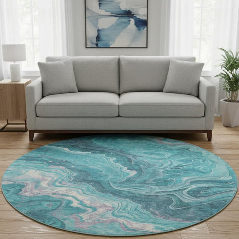 8' Teal Gray And Silver Abstract Washable Round Rug With UV Protection