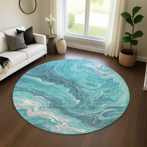 8' Teal Gray And Silver Abstract Washable Round Rug With UV Protection