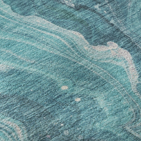 8' Teal Gray And Silver Abstract Washable Round Rug With UV Protection