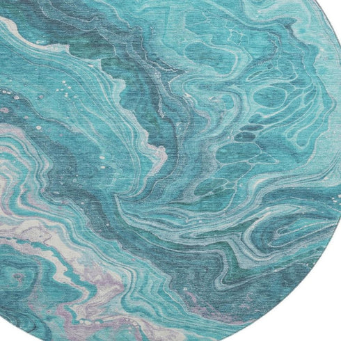 8' Teal Gray And Silver Abstract Washable Round Rug With UV Protection