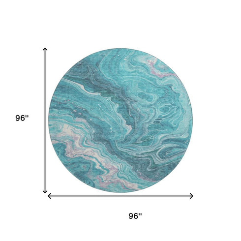 8' Teal Gray And Silver Abstract Washable Round Rug With UV Protection
