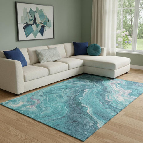 8' X 10' Teal Gray And Silver Abstract Washable Area Rug With UV Protection