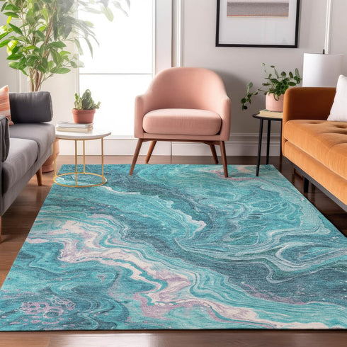 8' X 10' Teal Gray And Silver Abstract Washable Area Rug With UV Protection