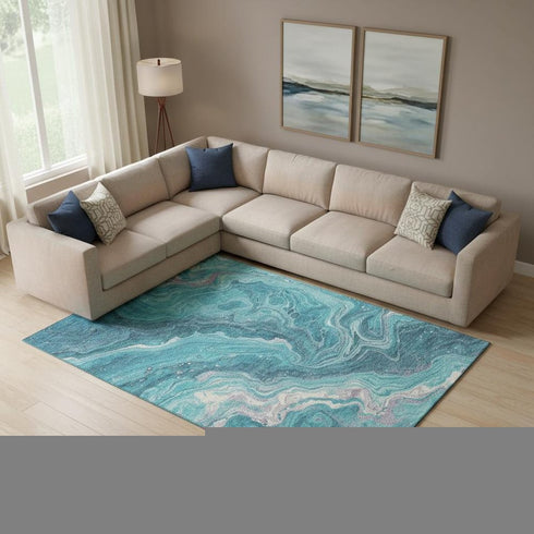 9' X 12' Teal Gray And Silver Abstract Washable Area Rug With UV Protection