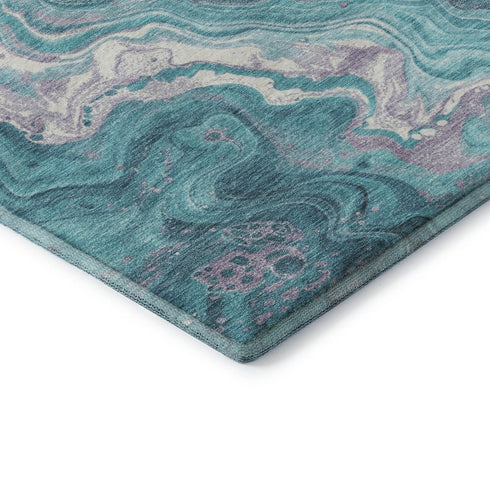 9' X 12' Teal Gray And Silver Abstract Washable Area Rug With UV Protection