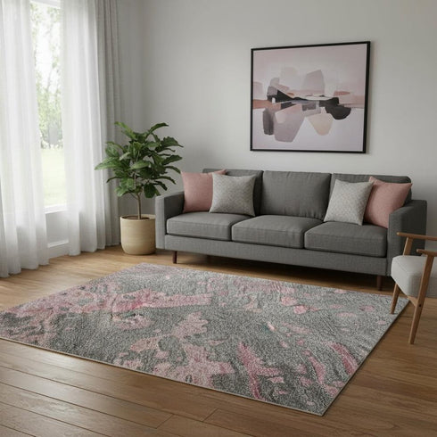 5' X 8' Blush Mauve And Gray Abstract Washable Area Rug With UV Protection