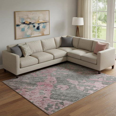 9' X 12' Blush Mauve And Gray Abstract Washable Area Rug With UV Protection