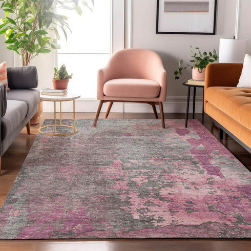 9' X 12' Blush Mauve And Gray Abstract Washable Area Rug With UV Protection