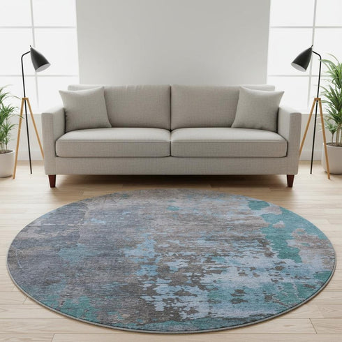 8' Teal Taupe And Blue Abstract Washable Round Rug With UV Protection