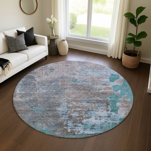 8' Teal Taupe And Blue Abstract Washable Round Rug With UV Protection