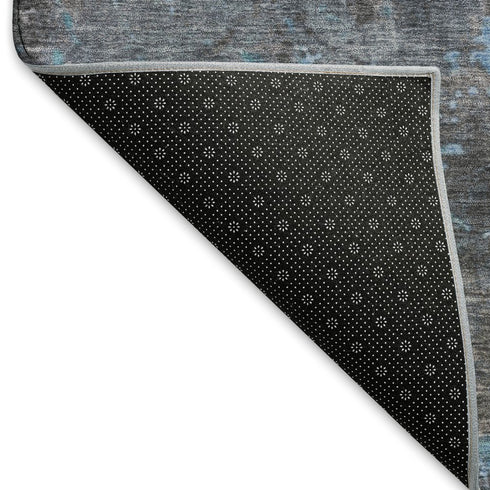 8' Teal Taupe And Blue Abstract Washable Round Rug With UV Protection