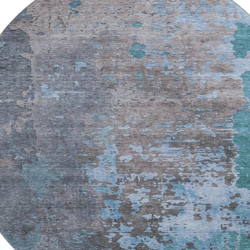 8' Teal Taupe And Blue Abstract Washable Round Rug With UV Protection