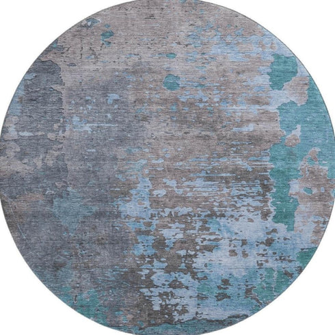 8' Teal Taupe And Blue Abstract Washable Round Rug With UV Protection