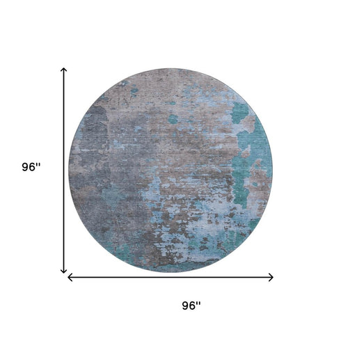 8' Teal Taupe And Blue Abstract Washable Round Rug With UV Protection