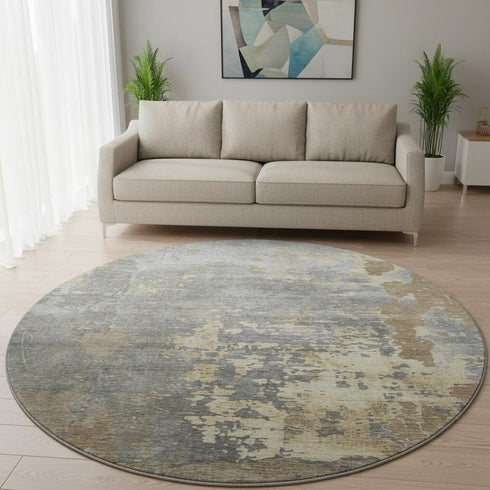 8' Taupe Brown And Gray Abstract Washable Round Rug With UV Protection