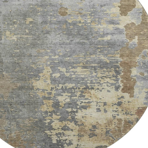 8' Taupe Brown And Gray Abstract Washable Round Rug With UV Protection