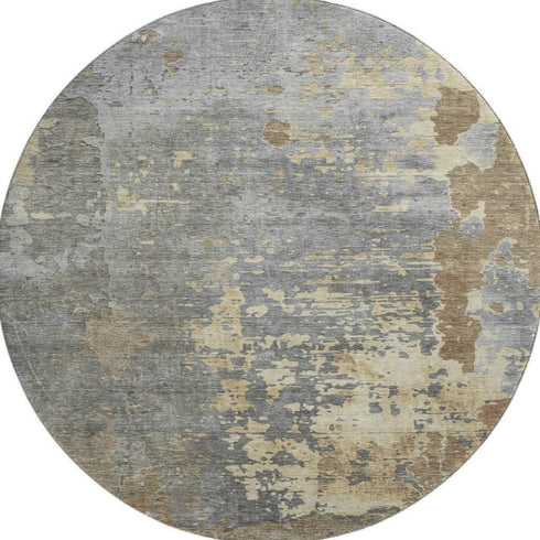 8' Taupe Brown And Gray Abstract Washable Round Rug With UV Protection
