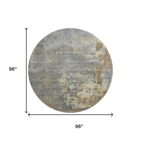 8' Taupe Brown And Gray Abstract Washable Round Rug With UV Protection