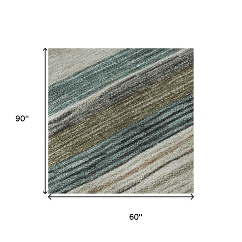 5' X 8' Beige Ivory And Brown Striped Washable Area Rug With UV Protection