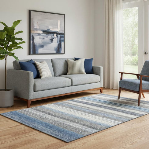 5' X 8' Denim Blue Ivory And Gray Striped Washable Area Rug With UV Protection