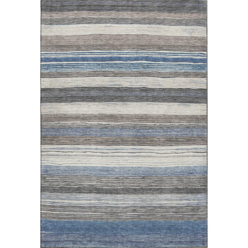5' X 8' Denim Blue Ivory And Gray Striped Washable Area Rug With UV Protection