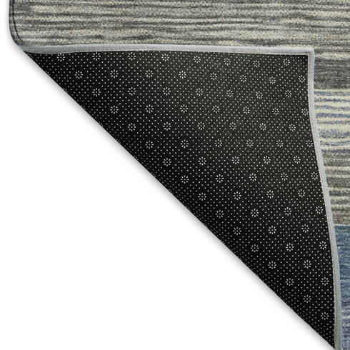 5' X 8' Denim Blue Ivory And Gray Striped Washable Area Rug With UV Protection