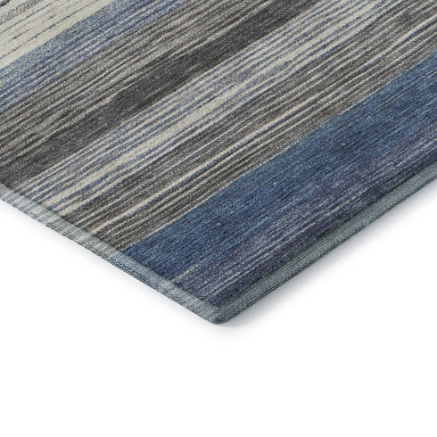 5' X 8' Denim Blue Ivory And Gray Striped Washable Area Rug With UV Protection
