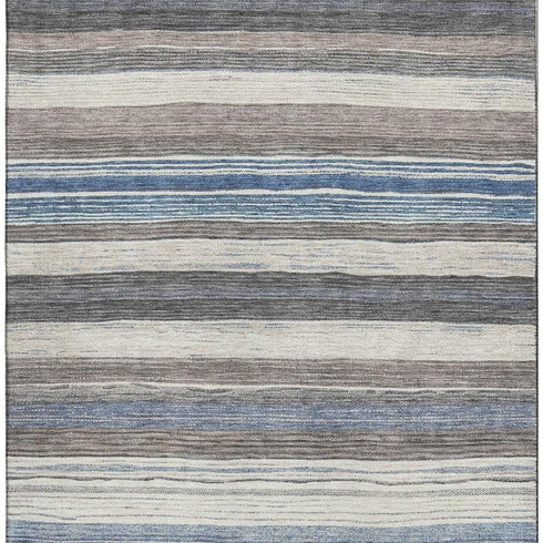 5' X 8' Denim Blue Ivory And Gray Striped Washable Area Rug With UV Protection