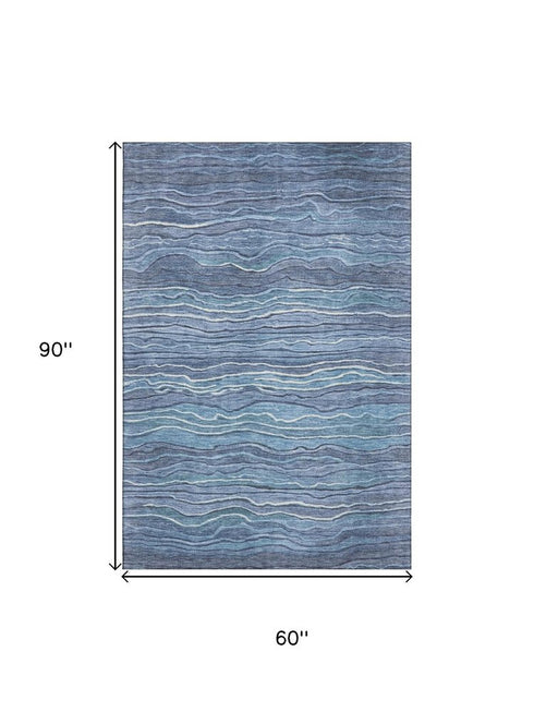 5' X 8' Blue Ivory And Gray Striped Washable Area Rug With UV Protection