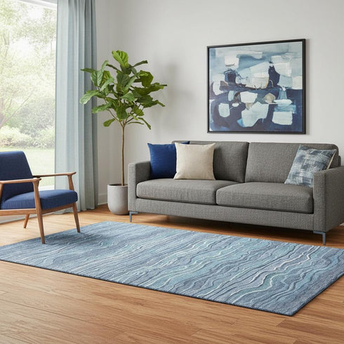 5' X 8' Blue Ivory And Gray Striped Washable Area Rug With UV Protection