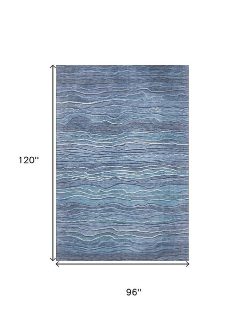 8' X 10' Blue Ivory And Gray Striped Washable Area Rug With UV Protection