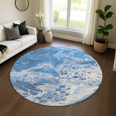 8' Navy Blue And Ivory Abstract Washable Round Rug With UV Protection