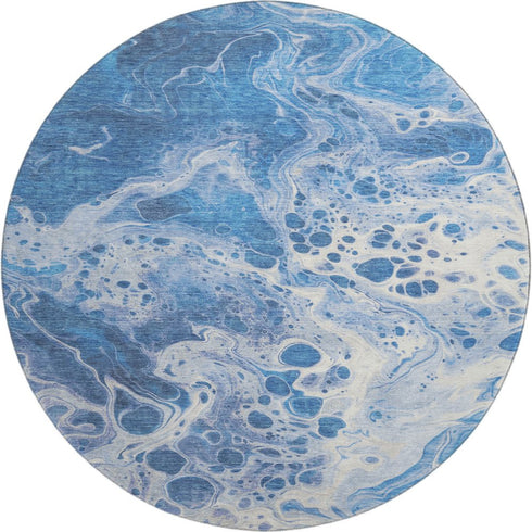 8' Navy Blue And Ivory Abstract Washable Round Rug With UV Protection