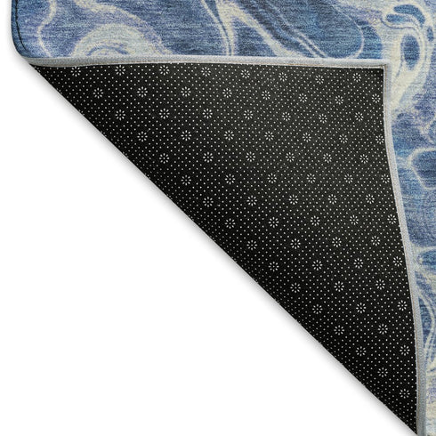 8' Navy Blue And Ivory Abstract Washable Round Rug With UV Protection