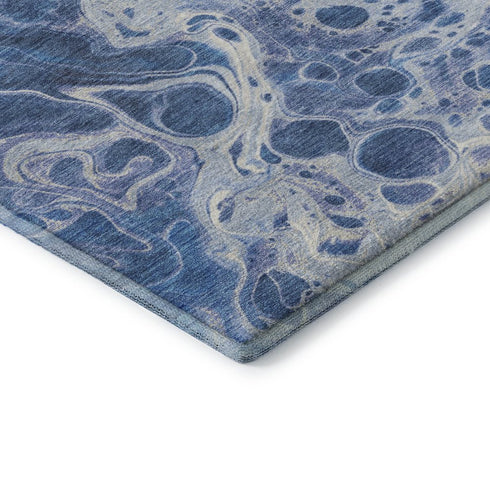 8' Navy Blue And Ivory Abstract Washable Round Rug With UV Protection