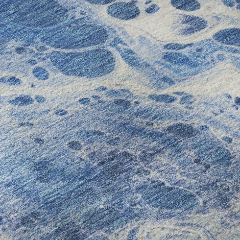 8' Navy Blue And Ivory Abstract Washable Round Rug With UV Protection