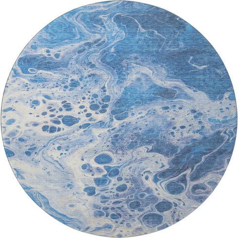 8' Navy Blue And Ivory Abstract Washable Round Rug With UV Protection