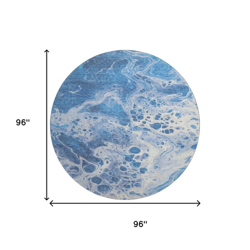 8' Navy Blue And Ivory Abstract Washable Round Rug With UV Protection