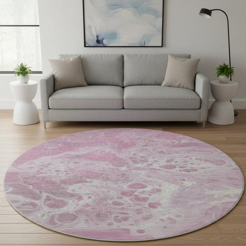 8' Pink And Ivory Abstract Washable Round Rug With UV Protection