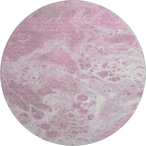 8' Pink And Ivory Abstract Washable Round Rug With UV Protection