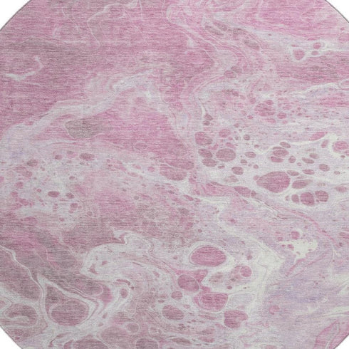 8' Pink And Ivory Abstract Washable Round Rug With UV Protection