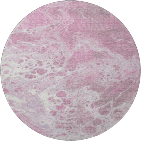 8' Pink And Ivory Abstract Washable Round Rug With UV Protection