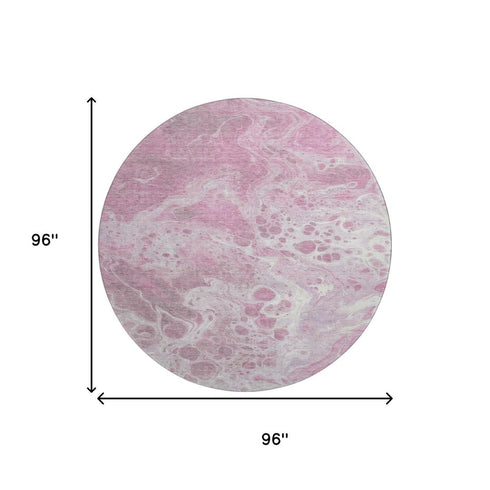 8' Pink And Ivory Abstract Washable Round Rug With UV Protection