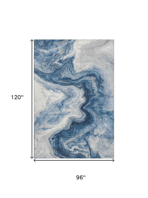 8' X 10' Navy Blue And Ivory Abstract Washable Area Rug With UV Protection